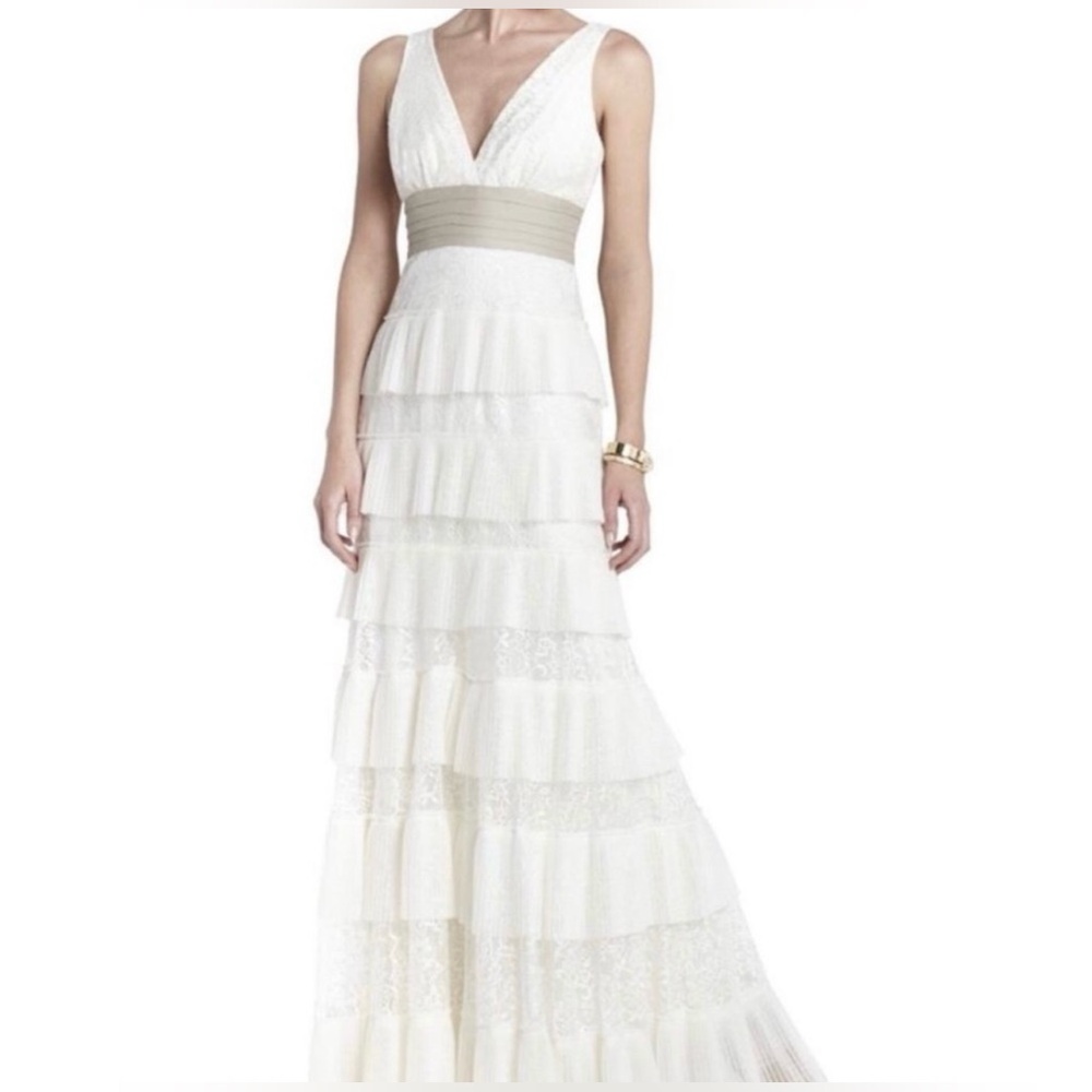 NWT BCBG MaxAzria Off White tiered Carly Maxi Dress with tan sash